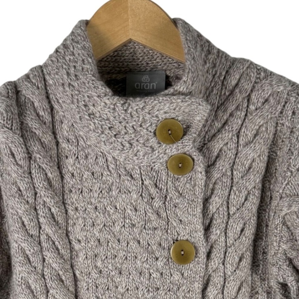 Aran Woollen Mills Merino Wool Cable Knit Cardigan Asymmetrical Button Sweater